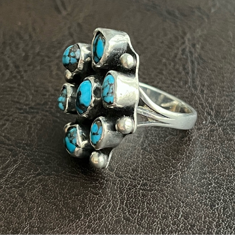Vintage Turquoise and sterling silver cluster ring - Picture 6 of 10